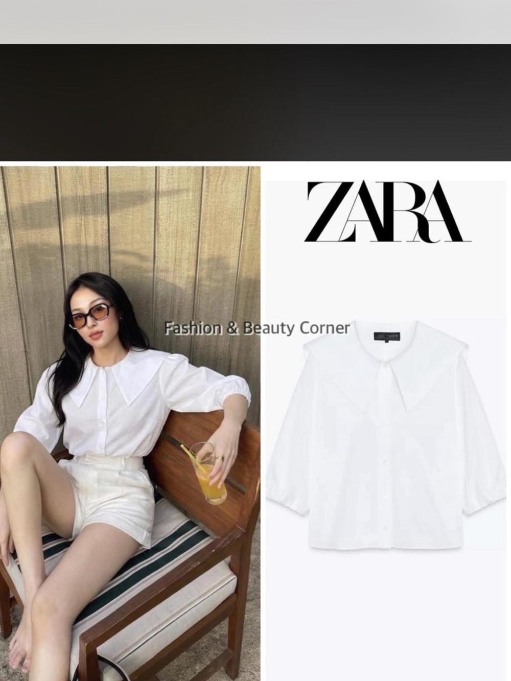 ZARA White Oversized-Collar Button Blouse